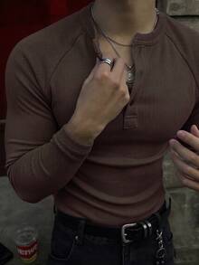 DAZY Spring/Autumn Comfortable Fitted Knit Fabric Coffee T-Shirt - Coffee Brown - View 3