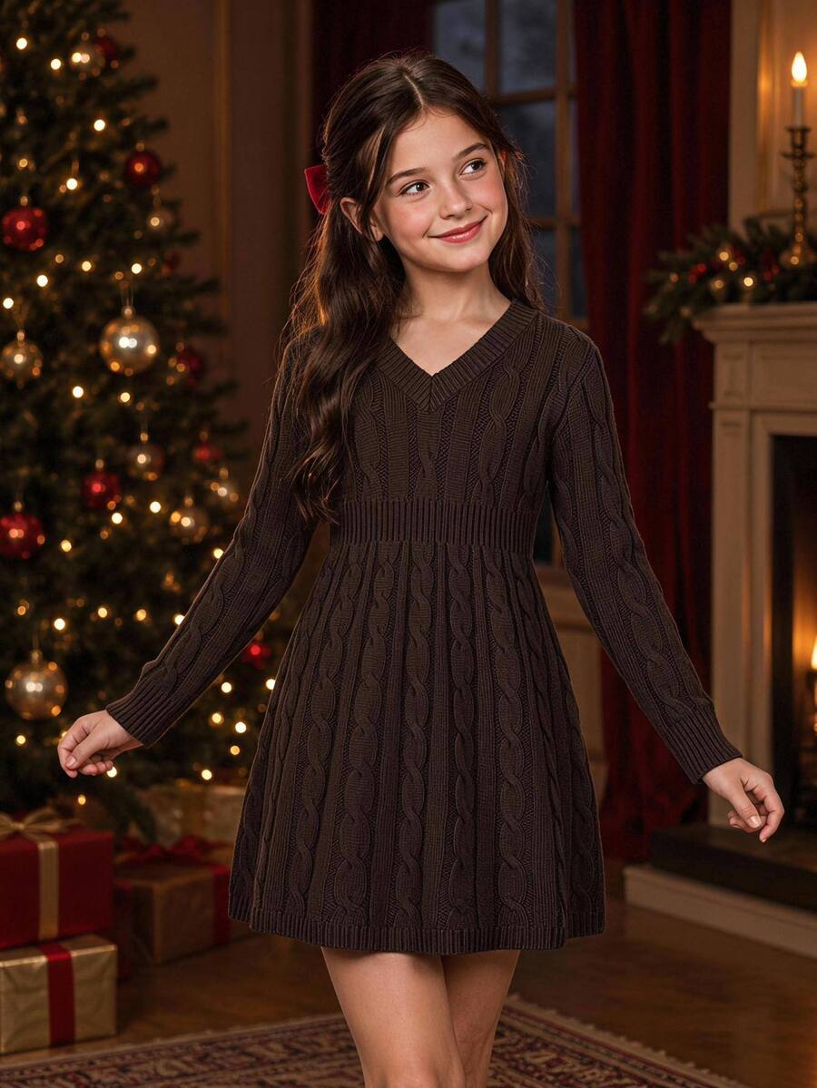 1pc Girls' V-Neck Sweater Dress, Cream White Cable Knit, Waist Cinched ...