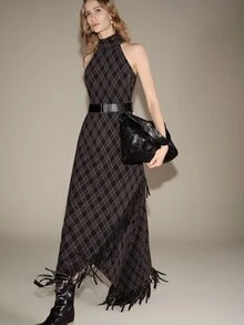 Anewsta Essential Elegant Vintage High Neck Halter British Plaid Belted Asymmetrical Hem Tassel Grey Long Dress, Suitable For Date, Banquet, Party - Dark Grey - View 6