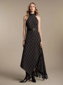 Anewsta Essential Elegant Vintage High Neck Halter British Plaid Belted Asymmetrical Hem Tassel Grey Long Dress, Suitable For Date, Banquet, Party - Dark Grey - View 5