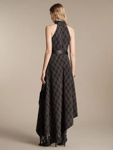 Anewsta Essential Elegant Vintage High Neck Halter British Plaid Belted Asymmetrical Hem Tassel Grey Long Dress, Suitable For Date, Banquet, Party - Dark Grey - View 2