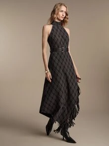 Anewsta Essential Elegant Vintage High Neck Halter British Plaid Belted Asymmetrical Hem Tassel Grey Long Dress, Suitable For Date, Banquet, Party - Dark Grey - View 3