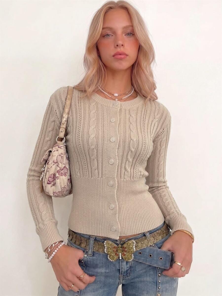 Sundraya Apricot Cinched Waist Single-Breasted French Vintage Sweet Style Knit Cardigan - Apricot - View 1