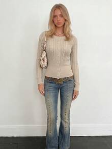 Sundraya Apricot Cinched Waist Single-Breasted French Vintage Sweet Style Knit Cardigan - Apricot - View 3