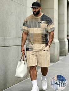 KRYTIVO Plus Size Graffiti Set For Men, Black & Orange Contrast King Print Short Sleeve & Shorts 2-Piece Set, Loose Fit Slimming American Street Casual Sportswear - Multicolor - View 1