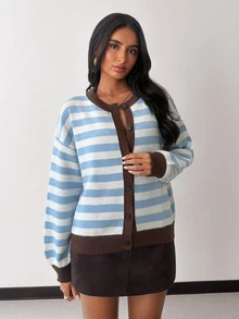 Glamine Women's Striped Dropped Shoulder Long Sleeve Casual Knit Cardigan - Multicolor - View 7