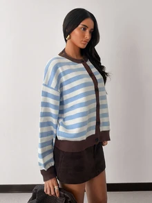 Glamine Women's Striped Dropped Shoulder Long Sleeve Casual Knit Cardigan - Multicolor - View 4