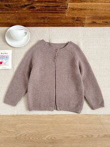 SHEIN 女童法式優雅灰色鈕扣寬鬆長袖開襟衫，秋冬款 - 卡其色 - 查看 1