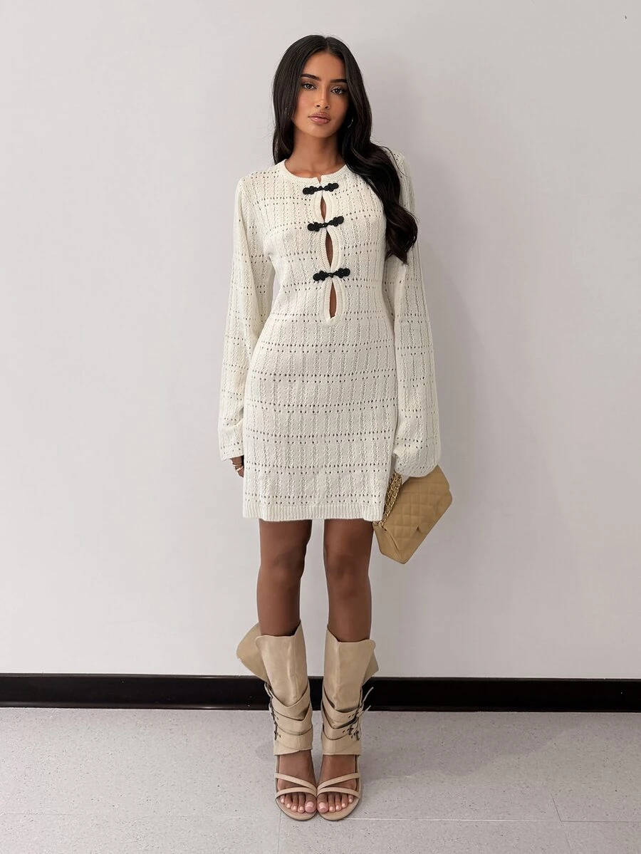 Glamine Women's Long Sleeve Hollow Knit Dress With Frog Button Placket - Black and White - View 1
