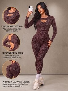 Slayform Women's Leopard Print Cutout Design Long Sleeve Sports Jumpsuit - Brown - View 1