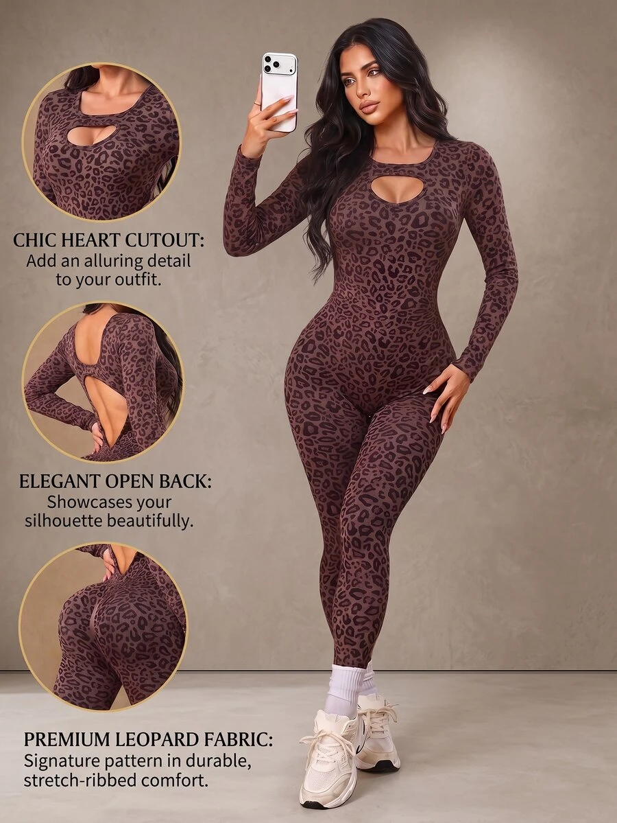 Slayform Women's Leopard Print Cutout Design Long Sleeve Sports Jumpsuit - Brown - View 1