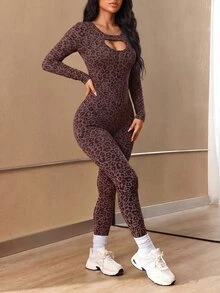 Slayform Women's Leopard Print Cutout Design Long Sleeve Sports Jumpsuit - Brown - View 3