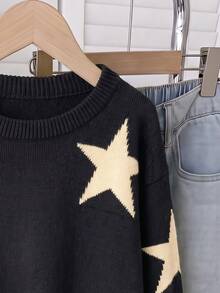 Tween Girls Sweater Black Crew Neck Long Sleeve Star Print Knit Pullover - Black - View 4
