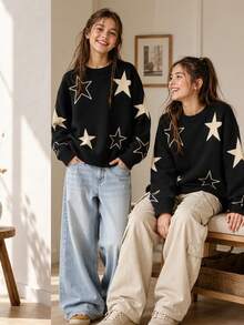 Tween Girls Sweater Black Crew Neck Long Sleeve Star Print Knit Pullover - Black - View 7
