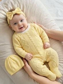 SHEIN Baby Girls Sweater Onesies Cute Matching Casual Knit Turn Collar With Vintage Twisted Rope Pattern Back Neck Button Long Sleeve Knitted Jumpsuit Soft - Yellow - View 4