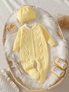 SHEIN Baby Girls Sweater Onesies Cute Matching Casual Knit Turn Collar With Vintage Twisted Rope Pattern Back Neck Button Long Sleeve Knitted Jumpsuit Soft - Yellow - View 3