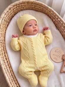 SHEIN Baby Girls Sweater Onesies Cute Matching Casual Knit Turn Collar With Vintage Twisted Rope Pattern Back Neck Button Long Sleeve Knitted Jumpsuit Soft - Yellow - View 1