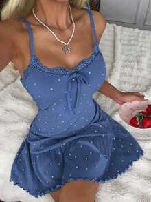 CottageSlumber Women's Knitted Ribbed Fabric Heart Print Contrast Lace Trim Big Bow Ruffle Hem Romantic Sweet Sexy Cute Camisole Nightgown Suitable For Outdoor Wear - Dusty Blue - View 7