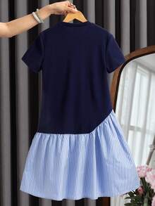 Tween Girl Casual Uniform Preppy Cute Blue And White Stripe Patchwork Bow Decor Summer Mini Dress, Back-To-School Daily Outfit - Multicolor - View 5
