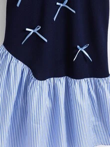 Tween Girl Casual Uniform Preppy Cute Blue And White Stripe Patchwork Bow Decor Summer Mini Dress, Back-To-School Daily Outfit - Multicolor - View 7