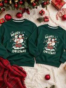 Manfinity Homme Holiday Family Matching Sweatshirts, Merry Christmas Cute Snowman Print Pullover, Couple Christmas Gift - Dark Green - View 2