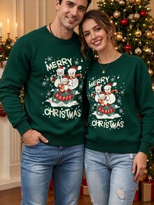 Manfinity Homme Holiday Family Matching Sweatshirts, Merry Christmas Cute Snowman Print Pullover, Couple Christmas Gift - Dark Green - View 4