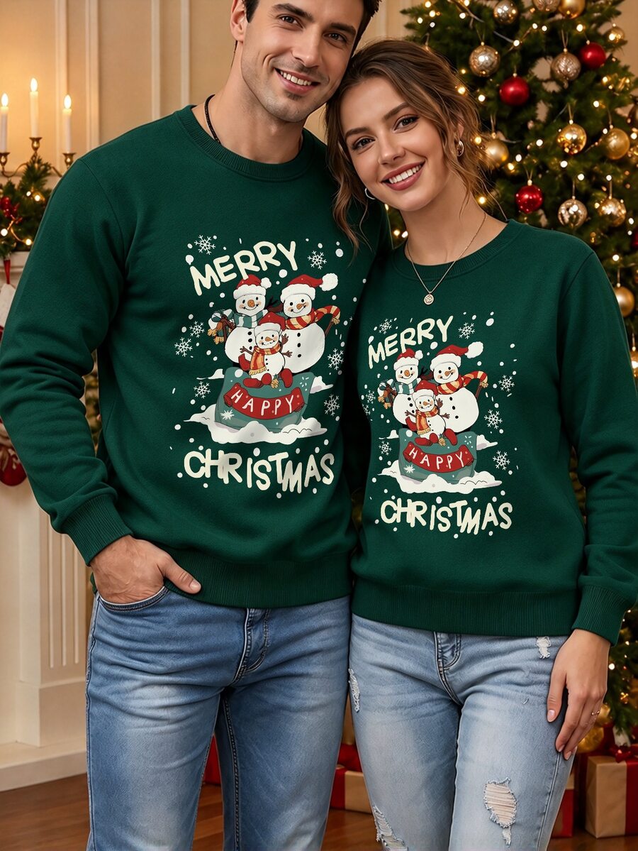 Manfinity Homme Sweatshirt Keluarga Seragam Liburan, Pullover Bergambar Manusia Salju Lucu Selamat Natal, Hadiah Natal untuk Pasangan - Dark Green - View 1