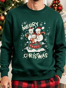 Manfinity Homme Holiday Family Matching Sweatshirts, Merry Christmas Cute Snowman Print Pullover, Couple Christmas Gift - Dark Green - View 5