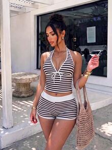 SHEIN Swim Women's Black And White Stripe Halter Tankini And Shorts Two-Piece Swimsuit Set Beach Party Summer Sexy - Multicolor - View 4