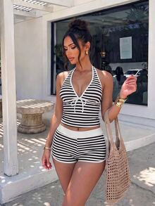 SHEIN Swim Women's Black And White Stripe Halter Tankini And Shorts Two-Piece Swimsuit Set Beach Party Summer Sexy - Multicolor - View 6