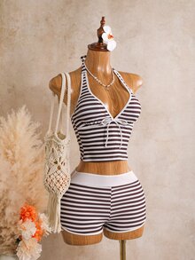 SHEIN Swim Women's Black And White Stripe Halter Tankini And Shorts Two-Piece Swimsuit Set Beach Party Summer Sexy - Multicolor - View 7