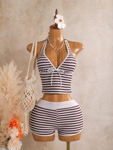 SHEIN Swim Women's Black And White Stripe Halter Tankini And Shorts Two-Piece Swimsuit Set Beach Party Summer Sexy - Multicolor - View 8