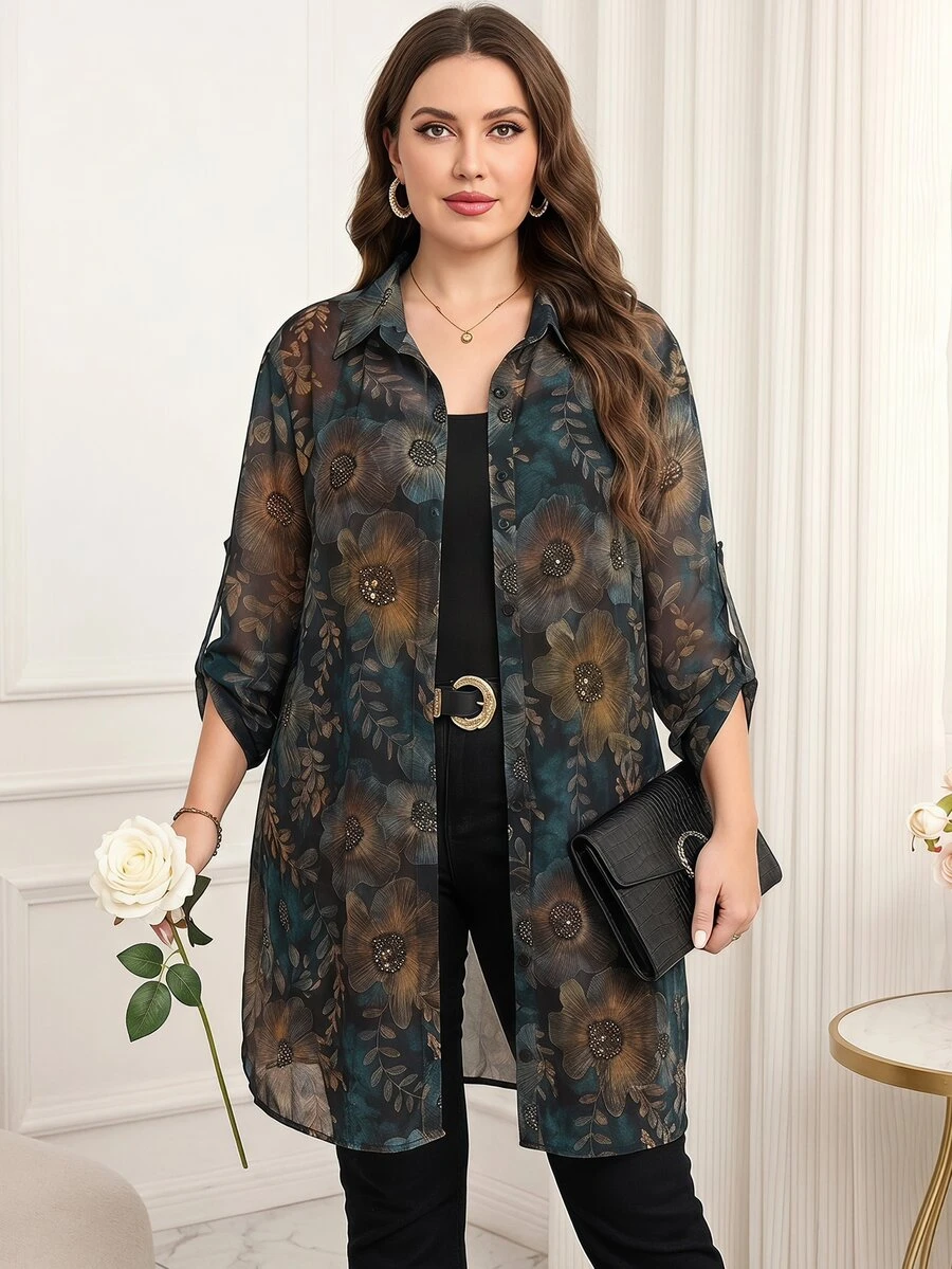 Reflora Plus Size All-Over Print Casual Elegant Traditional Versatile Daily Wear Shirt Evening Vacation High Tea Dark Green Summer Brunch Party Dinner - Green - View 1