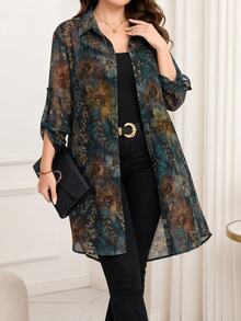 Reflora Plus Size All-Over Print Casual Elegant Traditional Versatile Daily Wear Shirt Evening Vacation High Tea Dark Green Summer Brunch Party Dinner - Green - View 3