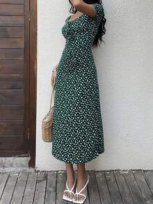 Flirla 1pc Women's Long Dress With Short Sleeves, Fashionable For Summer - Dark Green - View 8