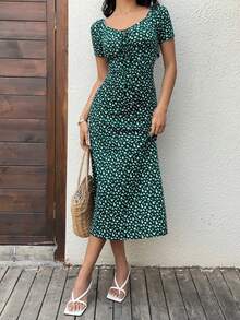 Flirla 1pc Women's Long Dress With Short Sleeves, Fashionable For Summer - Dark Green - View 4