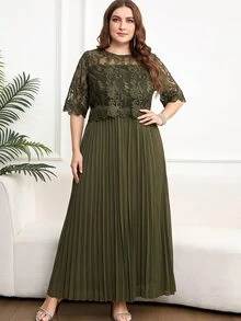 Reflora 大码女士优雅拼接刺绣网纱褶皱阔腿连体裤，夏季 - 綠色 - 查看 1