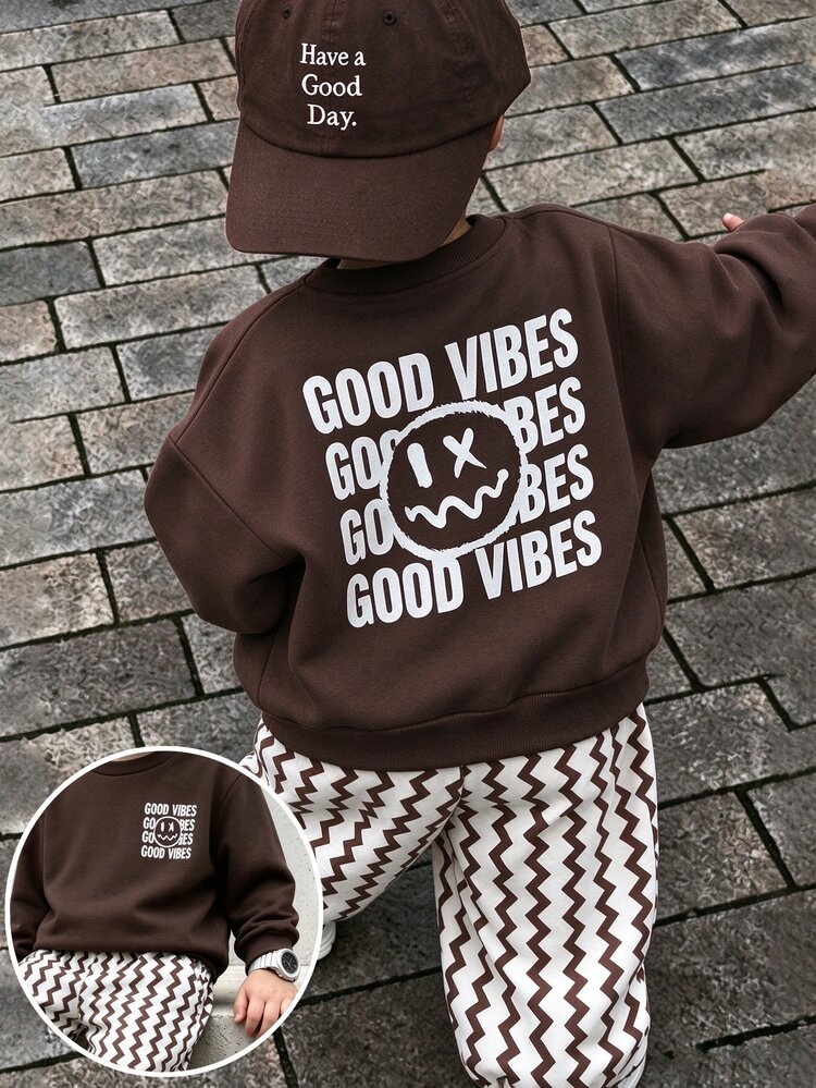 2Pcs Young Boy Crew Neck Sweatshirt & Jogger Pants Set,Smiling Face Letter Graphic Long Sleeves For Fall - Brown - View 1