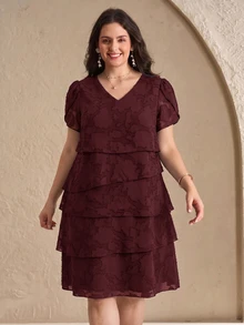 Reflora Plus Size Women's Round Neck Casual Elegant Party Dinner Formal Evening Wedding Dress Dark Purple Summer - Burgundy - View 6