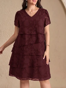 Reflora Plus Size Women's Round Neck Casual Elegant Party Dinner Formal Evening Wedding Dress Dark Purple Summer - Burgundy - View 2