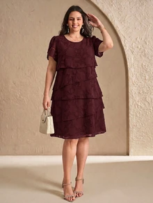 Reflora Plus Size Women's Round Neck Casual Elegant Party Dinner Formal Evening Wedding Dress Dark Purple Summer - Burgundy - View 4