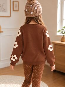 SHEIN Sparklyn 青少年女孩棕色花卉印花圓領長袖套頭毛衣 - 棕色 - 查看 2