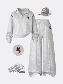 SHEIN 青少年女孩冬季/秋季輕量抓絨半拉鍊運動衫與寬腿運動褲套裝，休閒日常百搭基本款運動套裝 - 灰色 - 查看 4