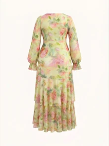 Reflora Plus Size Women's Elegant Long Floral Print Ruffle Hem Short Sleeve Casual Maxi Dress Wedding Tea Party Guest Evening Pink Floral Autumn Fall - Apricot - View 4