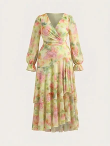 Reflora Plus Size Women's Elegant Long Floral Print Ruffle Hem Short Sleeve Casual Maxi Dress Wedding Tea Party Guest Evening Pink Floral Autumn Fall - Apricot - View 3