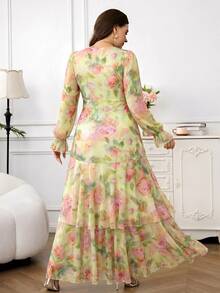 Reflora Plus Size Women's Elegant Long Floral Print Ruffle Hem Short Sleeve Casual Maxi Dress Wedding Tea Party Guest Evening Pink Floral Autumn Fall - Apricot - View 2