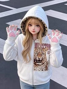 青少年女孩秋冬保暖內裡加厚寬鬆連帽衛衣，豹紋毛領長袖時尚動物豹紋標語印花拉鍊夾克外套，米白色 - 白色 - 查看 6