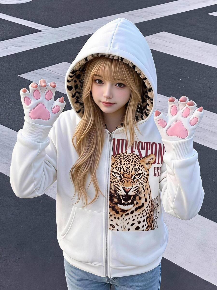 青少年女孩秋冬保暖內裡加厚寬鬆連帽衛衣,豹紋毛領長袖時尚動物豹紋標語印花拉鍊夾克外套,米白色 - 白色 - 查看 1