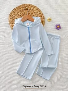 Cozy Pixies 女嬰 2件組上衣與寬腿褲套裝，休閒風，適合春季/秋季日常穿著 - 淺藍色 - 查看 3