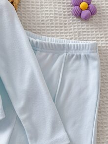 Cozy Pixies 女嬰 2件組上衣與寬腿褲套裝，休閒風，適合春季/秋季日常穿著 - 淺藍色 - 查看 5